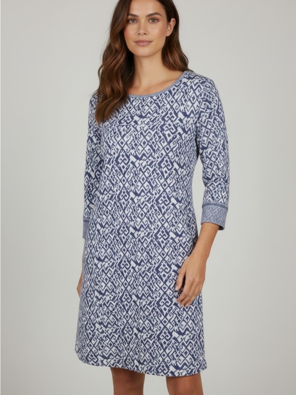 Tart Anthro Blue Modal Knit Ikat Blue White Scoop Neck A-line Dress 3/4 Sleeve M